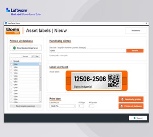 PowerForms printscherm voor nieuwe asset labels met barcode, QR-code en handmatige invoer